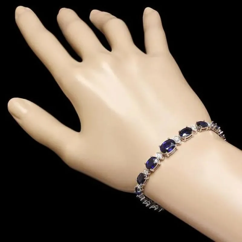 12.60 Natural Blue Sapphire and Diamond 14K Solid White Gold Bracelet