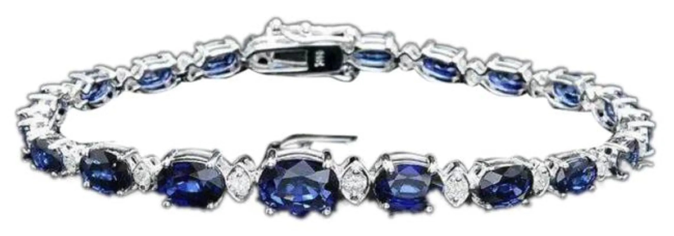 12.60 Natural Blue Sapphire and Diamond 14K Solid White Gold Bracelet