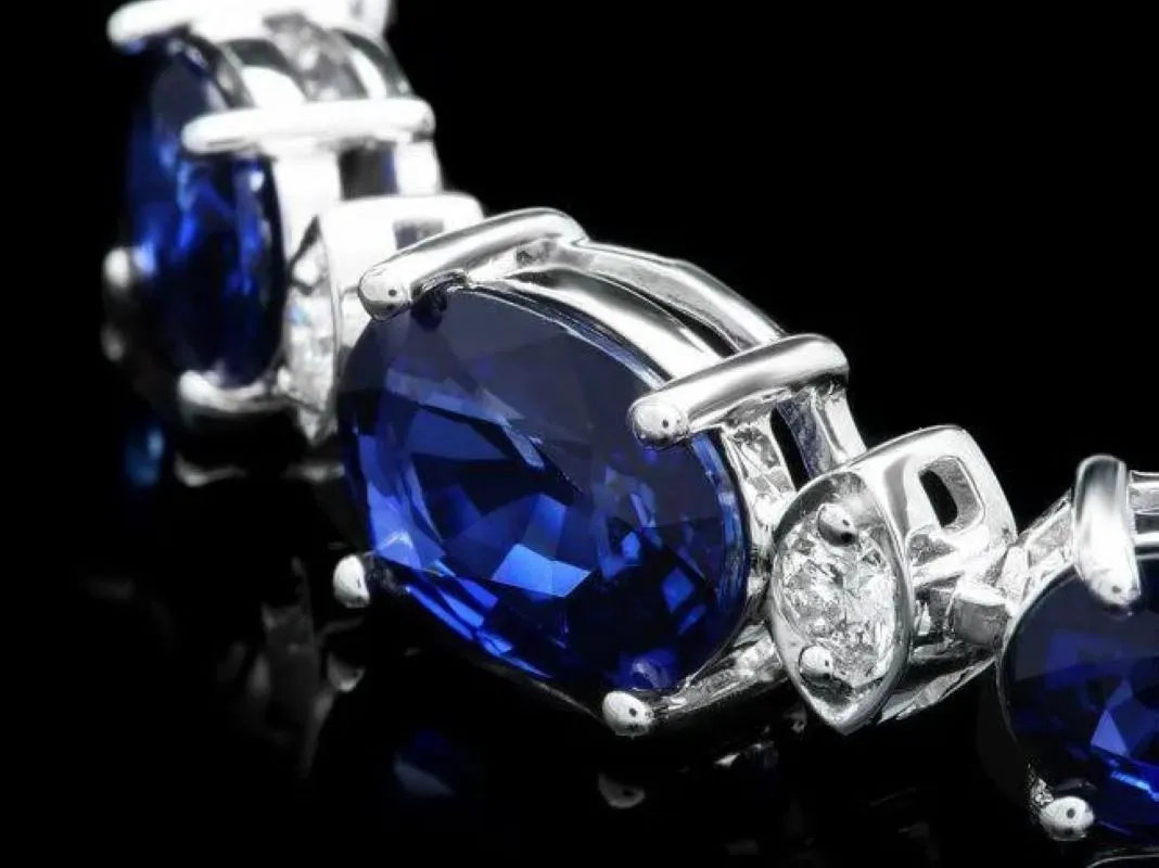 12.60 Natural Blue Sapphire and Diamond 14K Solid White Gold Bracelet
