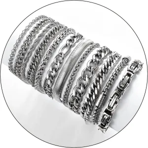 12PCS Stainless Steel Cuban Link Chain Bracelets for Men Women Gold Figaro Rope Chain Men's Curb Chain Bracelets Set Box Square Rolo Twisted Wrist Bracelets 7.5/8.3/9inch