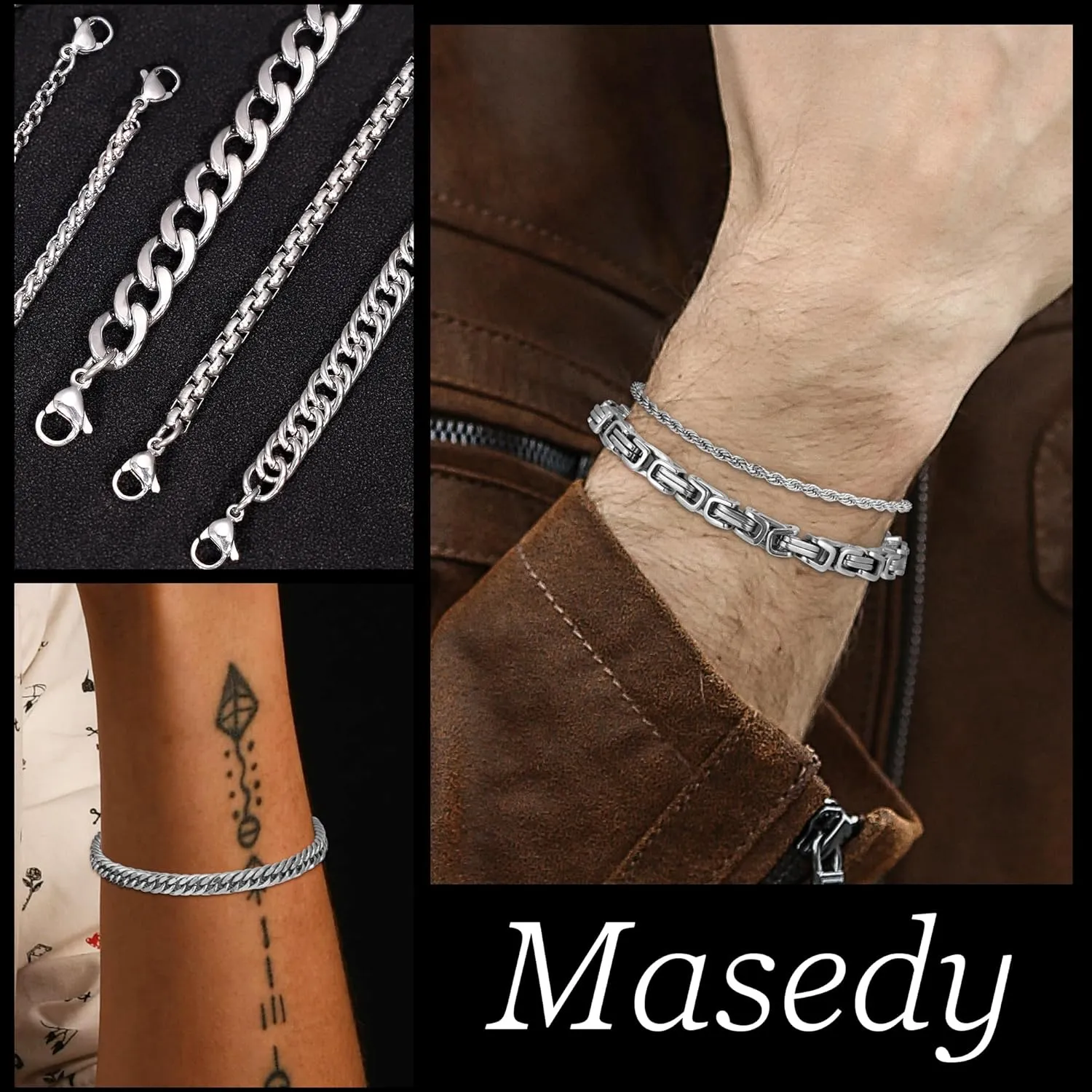 12PCS Stainless Steel Cuban Link Chain Bracelets for Men Women Gold Figaro Rope Chain Men's Curb Chain Bracelets Set Box Square Rolo Twisted Wrist Bracelets 7.5/8.3/9inch