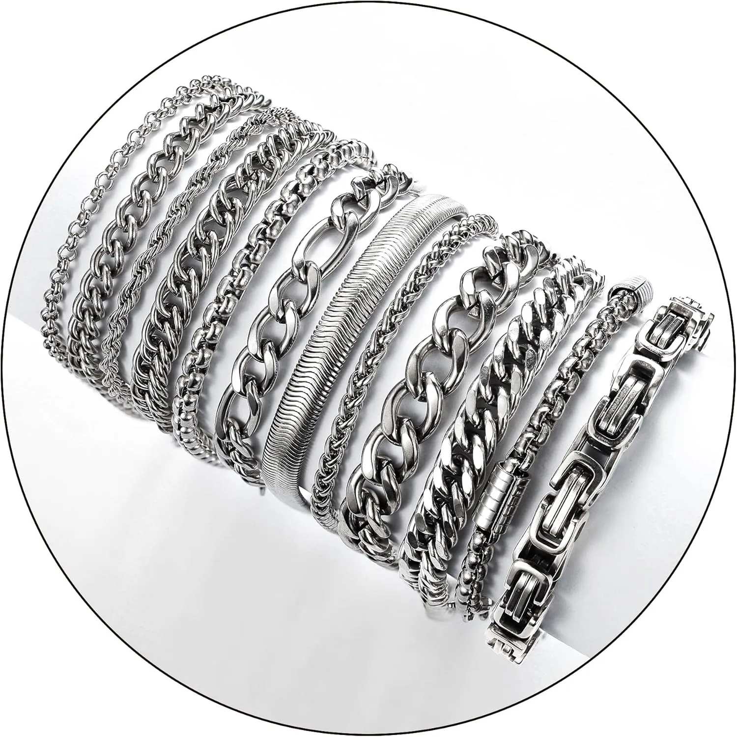 12PCS Stainless Steel Cuban Link Chain Bracelets for Men Women Gold Figaro Rope Chain Men's Curb Chain Bracelets Set Box Square Rolo Twisted Wrist Bracelets 7.5/8.3/9inch
