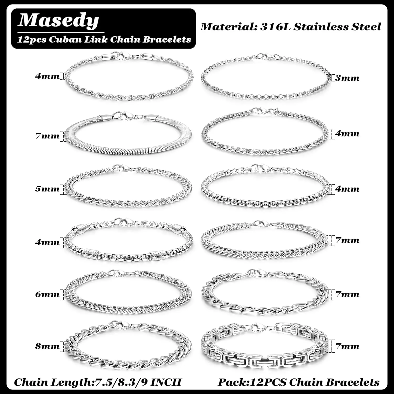 12PCS Stainless Steel Cuban Link Chain Bracelets for Men Women Gold Figaro Rope Chain Men's Curb Chain Bracelets Set Box Square Rolo Twisted Wrist Bracelets 7.5/8.3/9inch