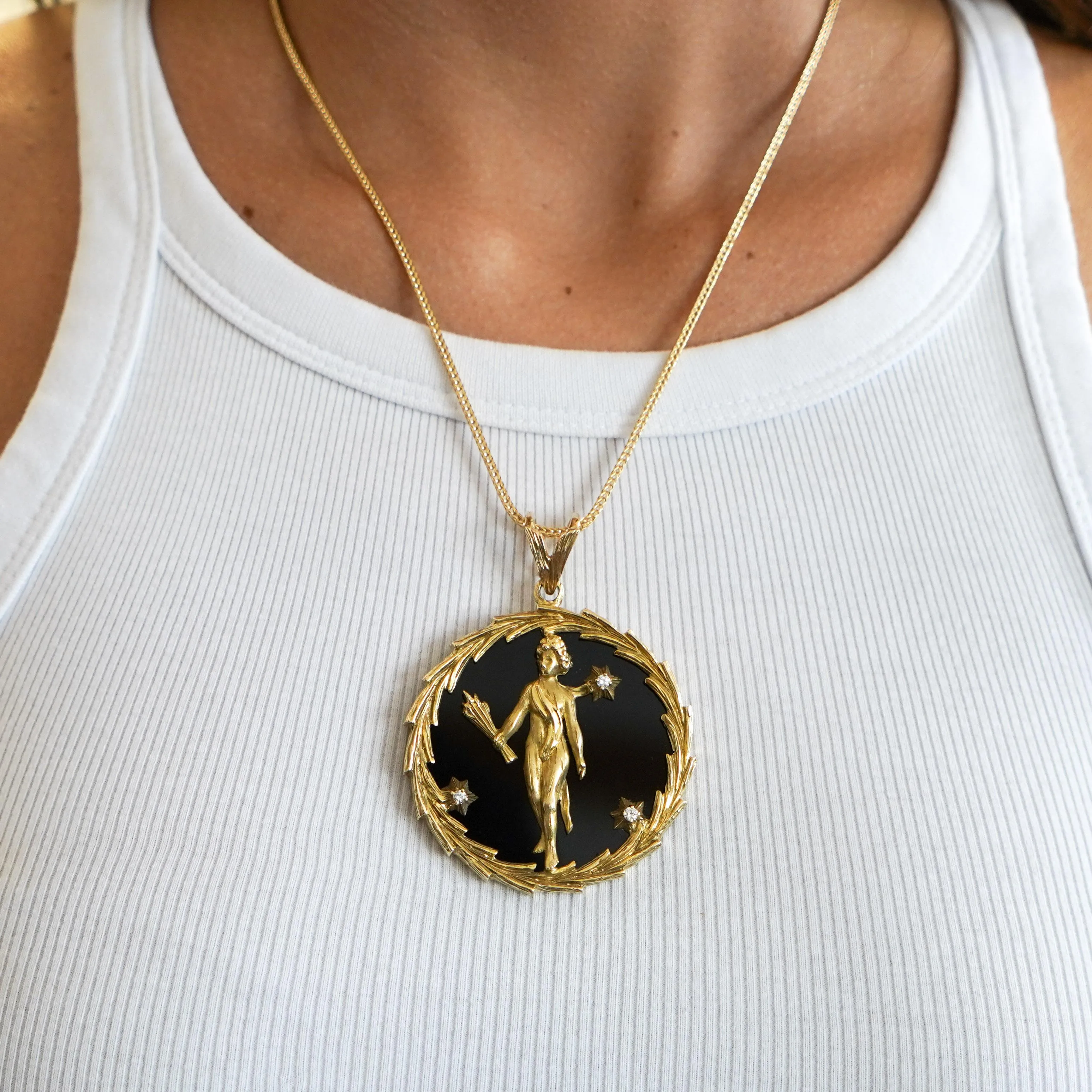 14K Gold Christian Medallion "Cupid" and Black Onyx Medallion Pendant