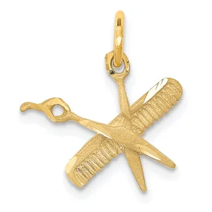 14K Gold Comb and Scissors Charm with Brushed Diamond-Cut Finish