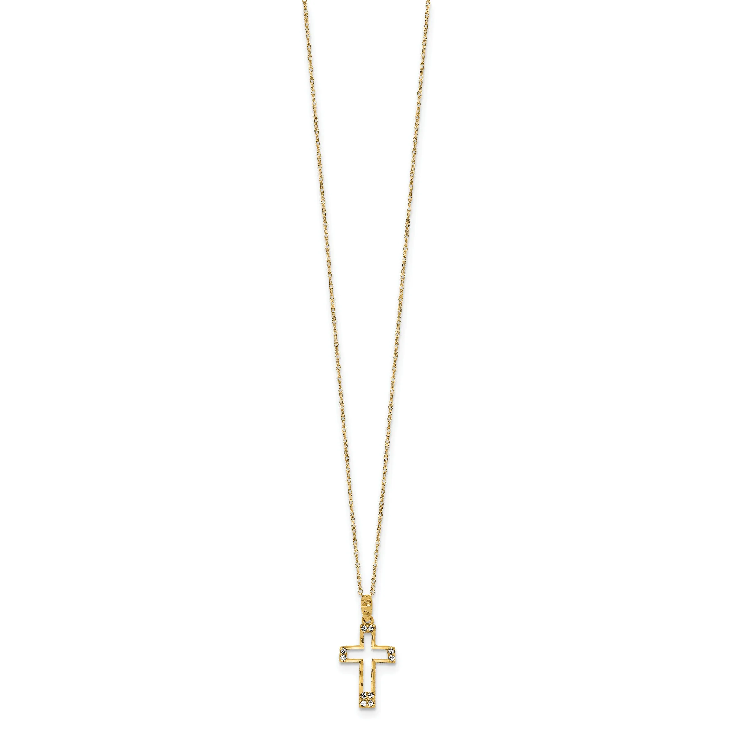 14K Gold CZ Cross Necklace with Polished Finish and Elegant Chain