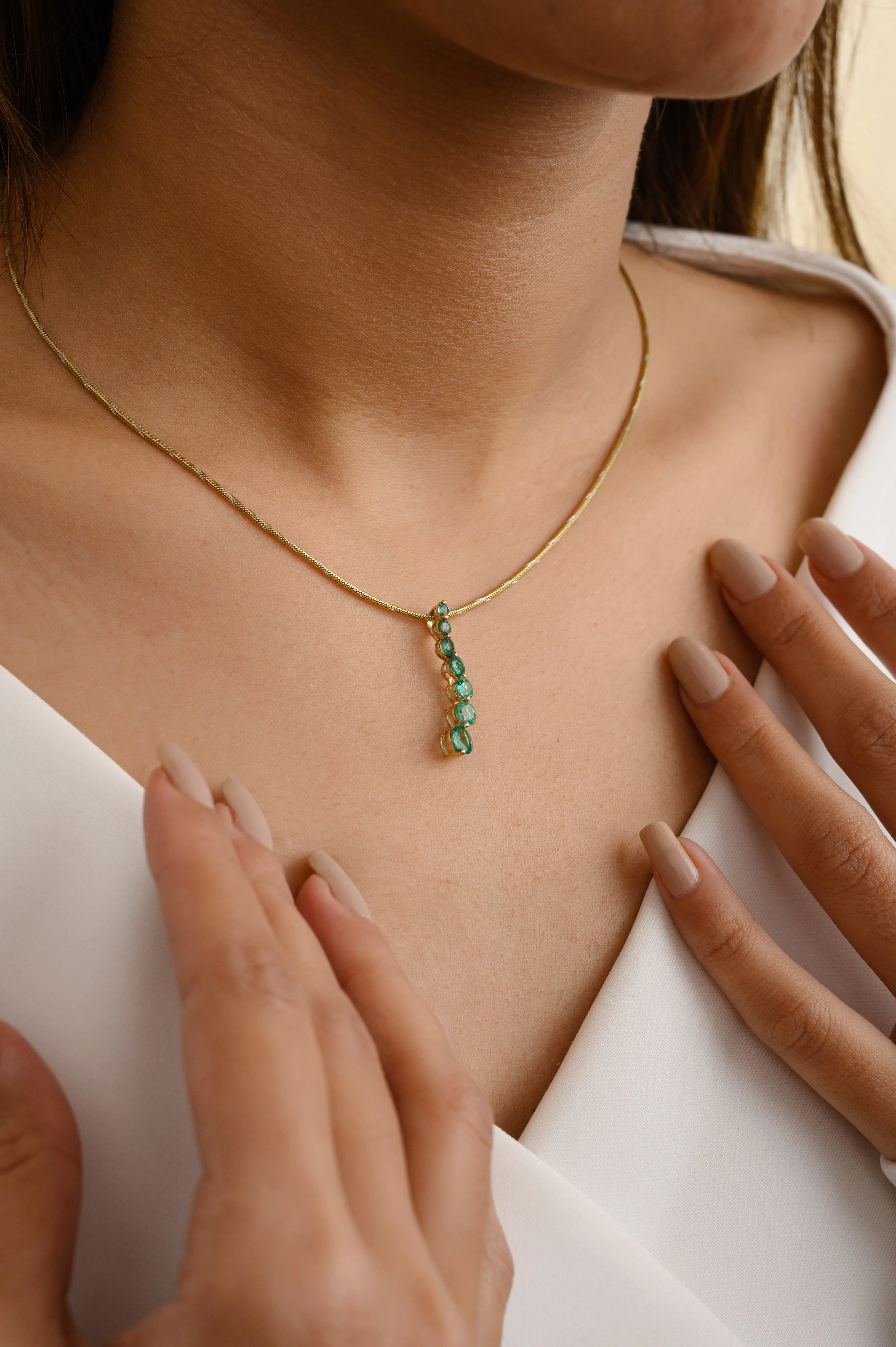 14K Gold Unique Emerald Long Pendant