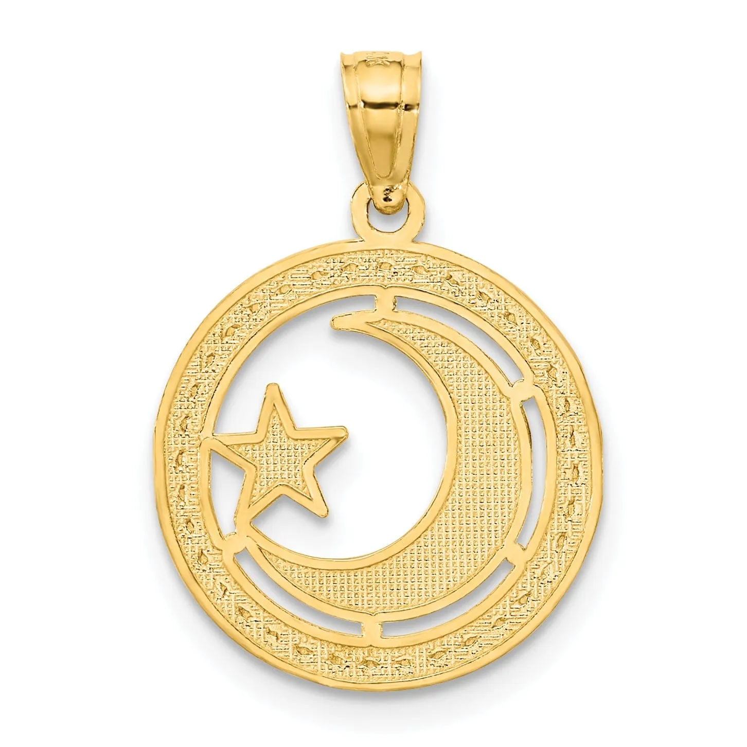 14K Yellow Gold with Rhodium Solid Textured Polished Finish Circle Star & Moon Charm Pendant