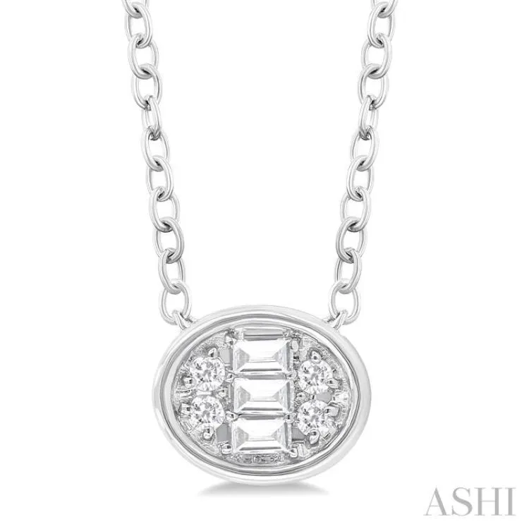 1/6 ctw Petite Bezel Set East-West Oval Shape Fusion Baguette and Round Cut Diamond Fashion Pendant With Chain in 10K White Gold