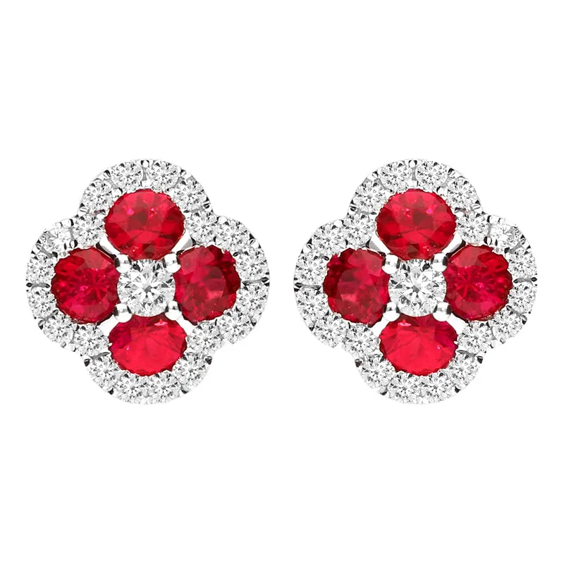 18ct White Gold Ruby and Diamond Four Stone Stud Earrings