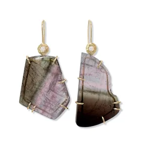 18K Asymmetrical Watermelon Tourmaline and Diamond Drop Earrings