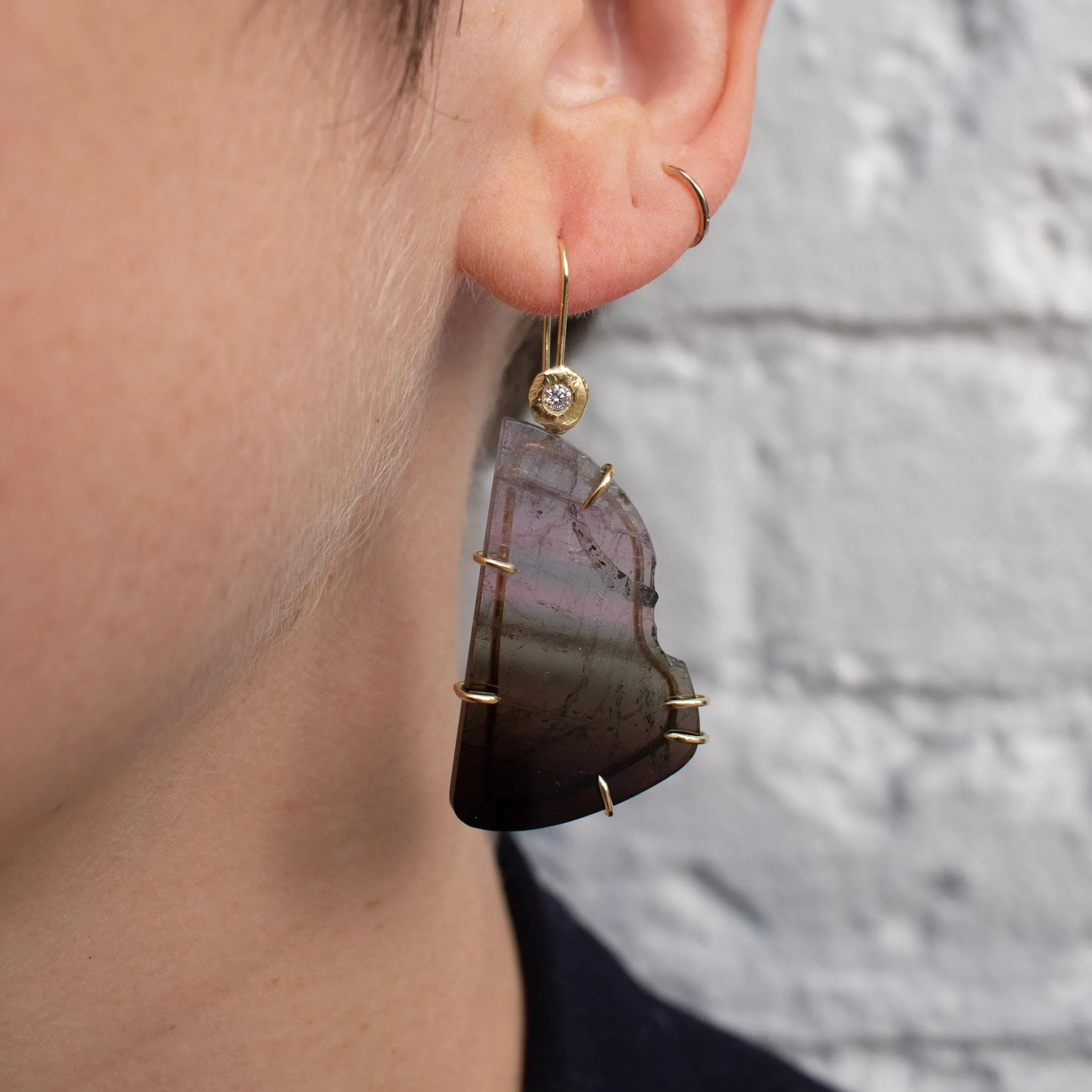 18K Asymmetrical Watermelon Tourmaline and Diamond Drop Earrings
