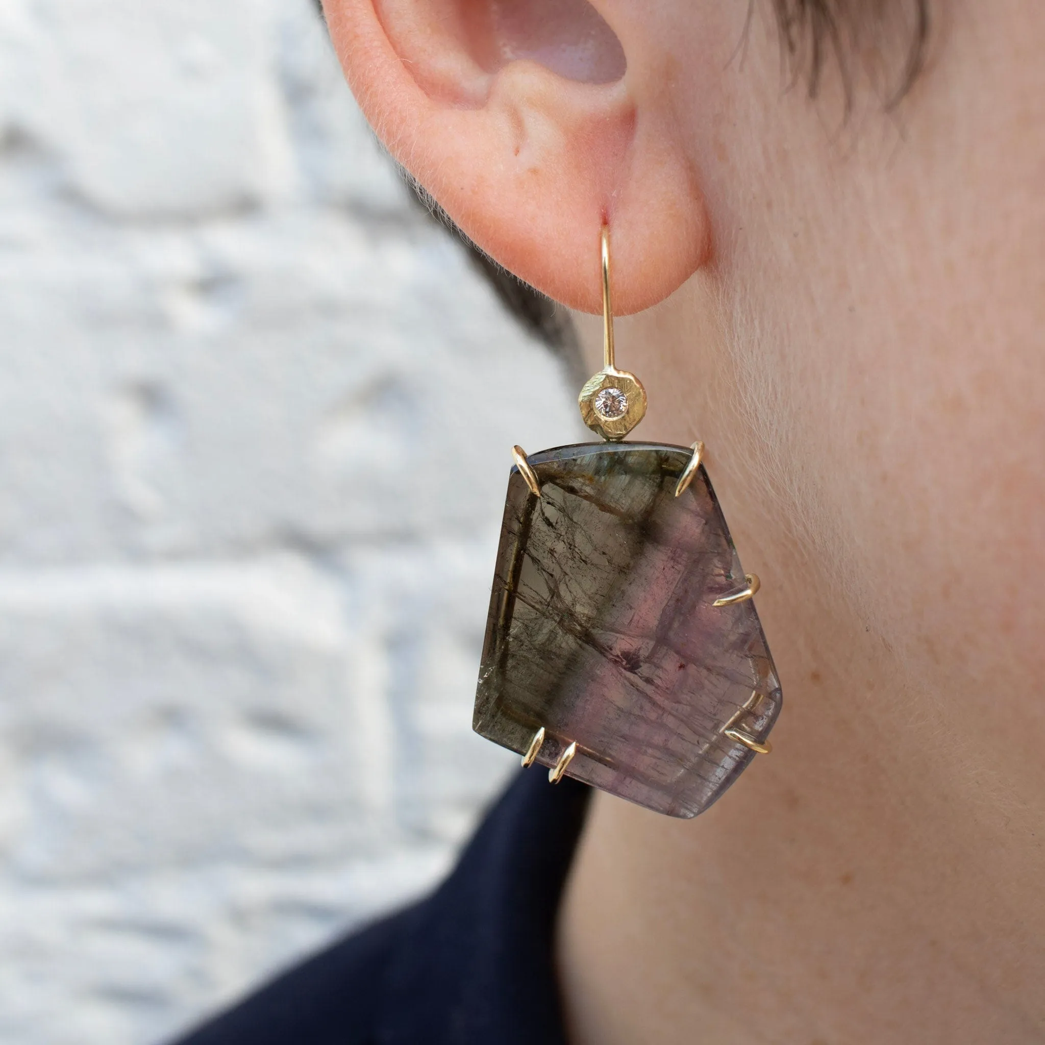 18K Asymmetrical Watermelon Tourmaline and Diamond Drop Earrings