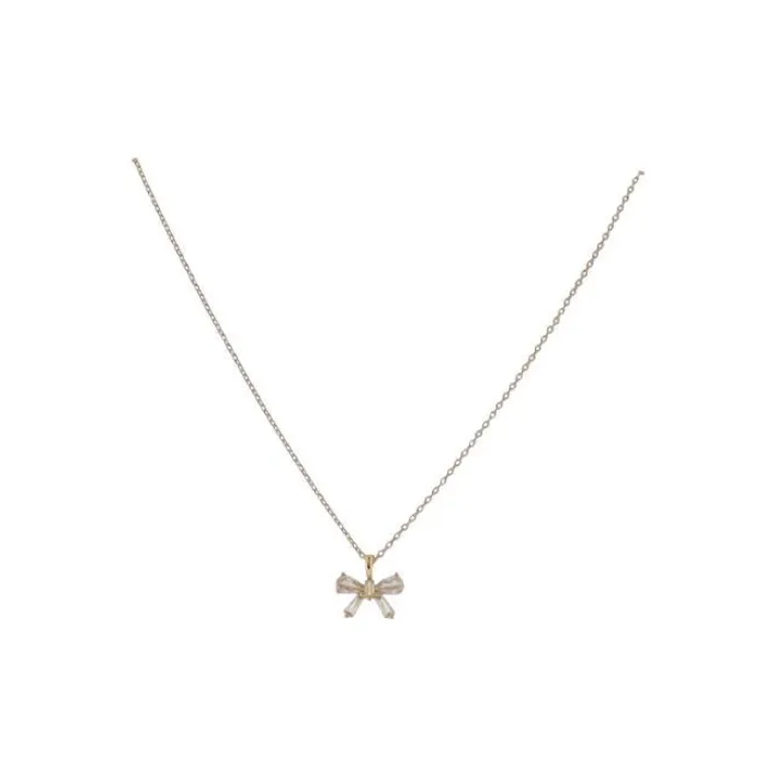 18K Gold Plated Paperclip Chain Necklace with Clear Crystal Bow Pendant