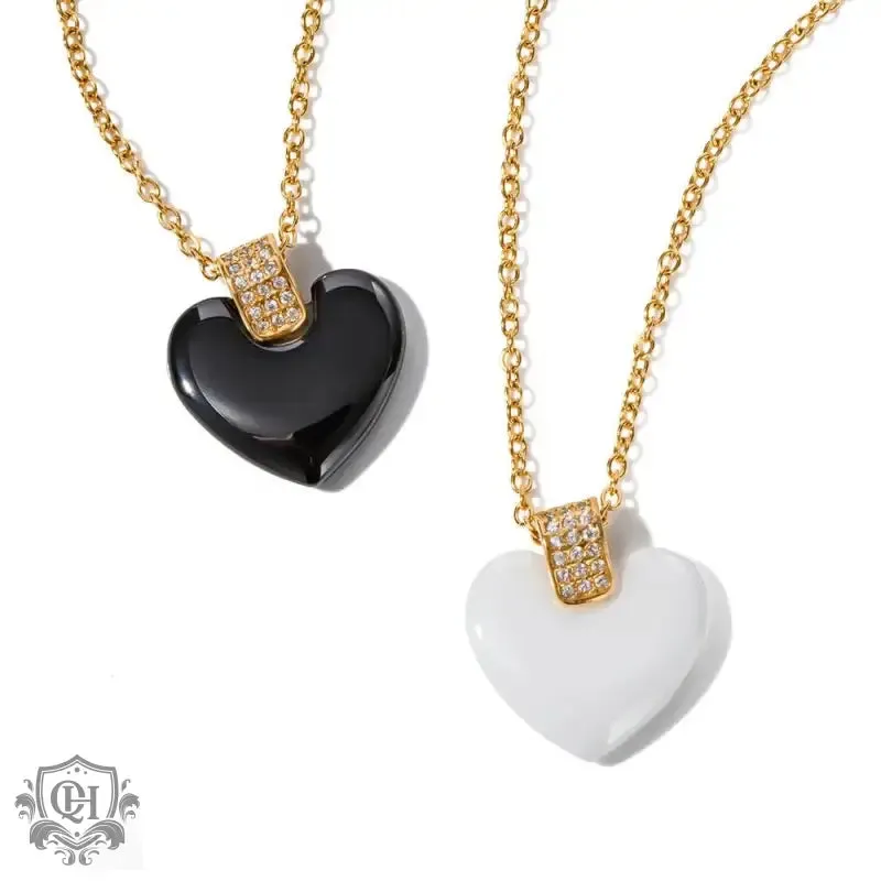 18K Gold Square Diamond and Heart Ceramic Necklace