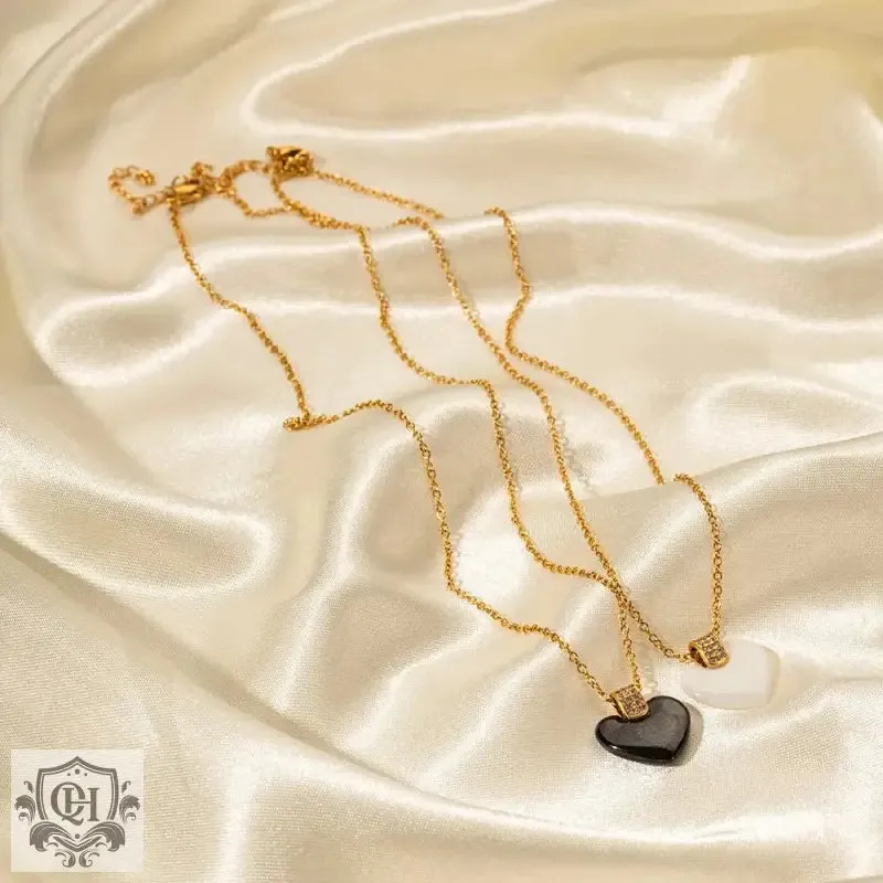 18K Gold Square Diamond and Heart Ceramic Necklace