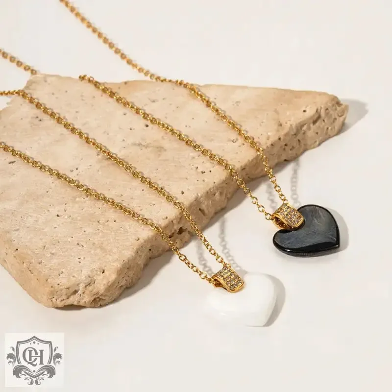 18K Gold Square Diamond and Heart Ceramic Necklace