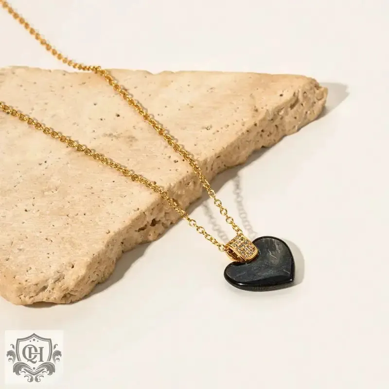 18K Gold Square Diamond and Heart Ceramic Necklace