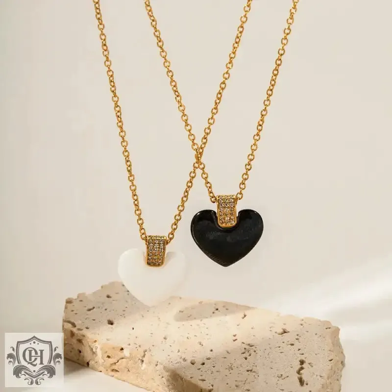 18K Gold Square Diamond and Heart Ceramic Necklace