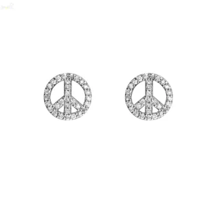 18K Solid White Gold Small Diamond Peace Sign Earrings