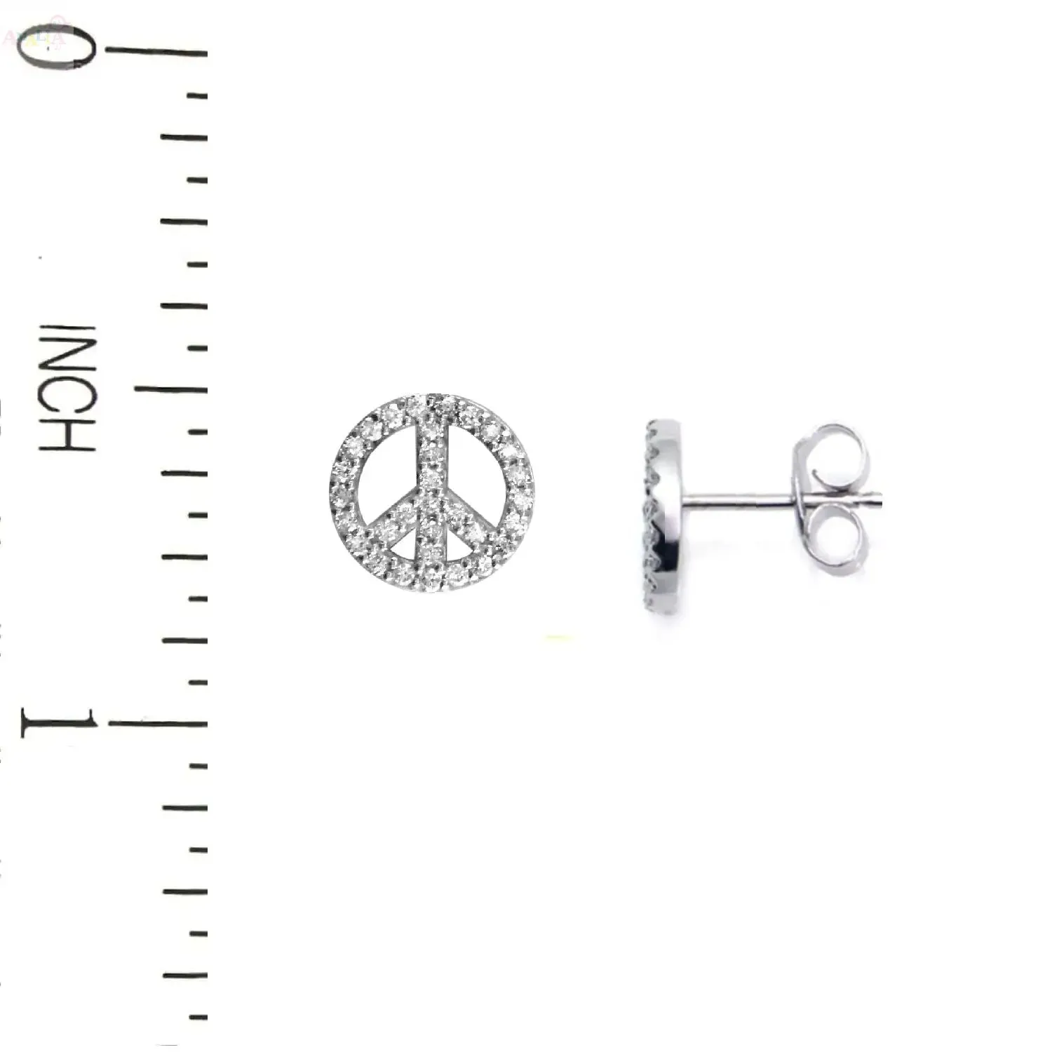 18K Solid White Gold Small Diamond Peace Sign Earrings