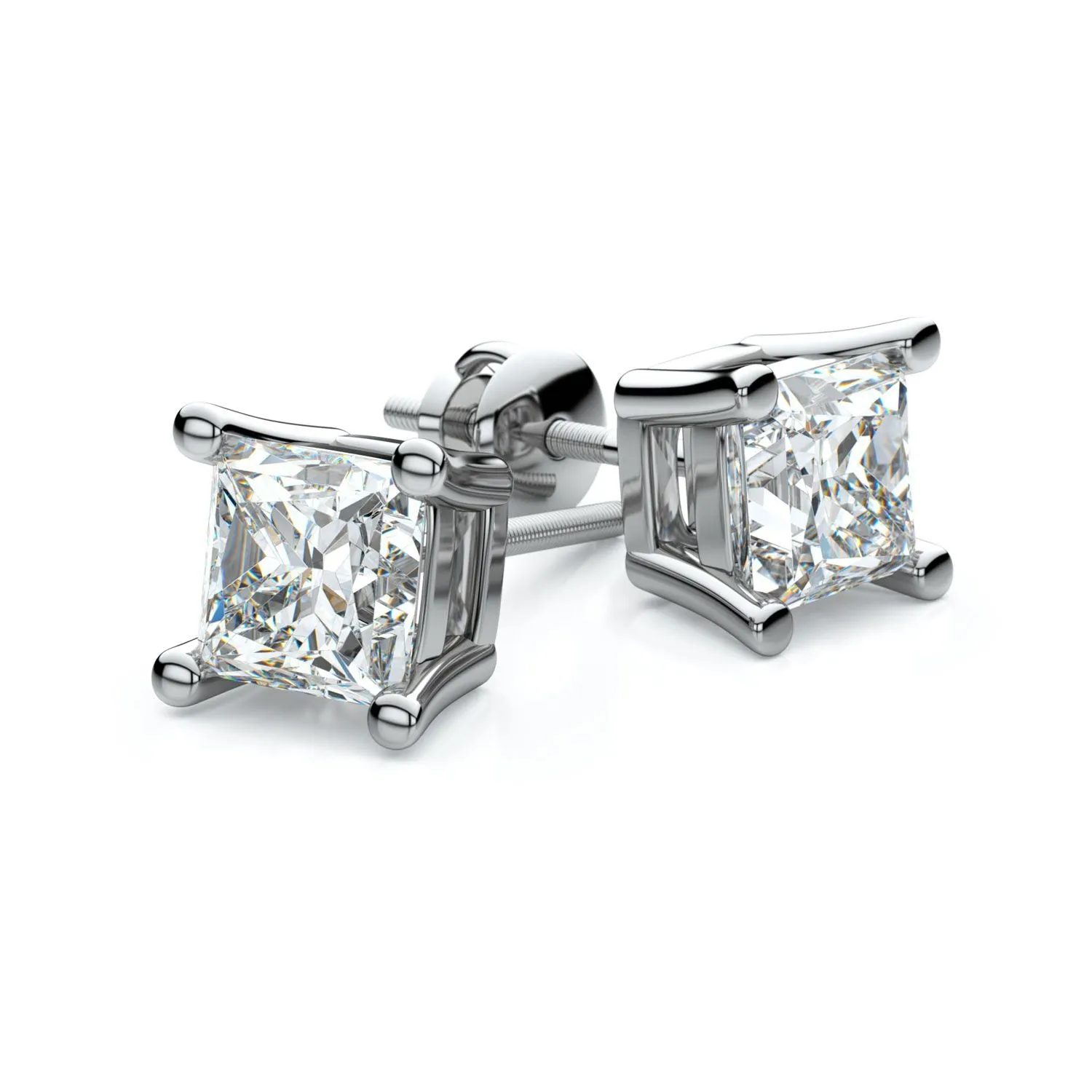 18k White Gold 4-prong Princess Diamond Stud Earrings (0.52 Ct. T.w., Vs1-vs2 Clarity, F-g Color)