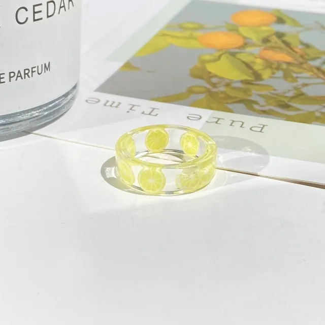 2021 Korea Colorful Fashion Resin Fruit Ring Set Metal Geometric Irregular Open Rings for Women Party Wedding Jewelry Ring Set