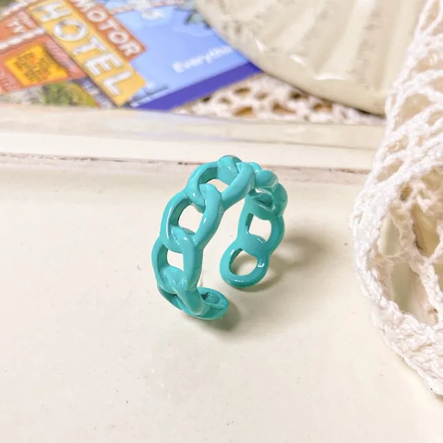 2021 Korea Colorful Fashion Resin Fruit Ring Set Metal Geometric Irregular Open Rings for Women Party Wedding Jewelry Ring Set