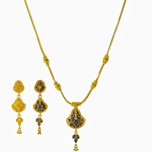 22K Yellow Gold Necklace and Earrings Set W/ Blue Enamel & Reversible Pendants