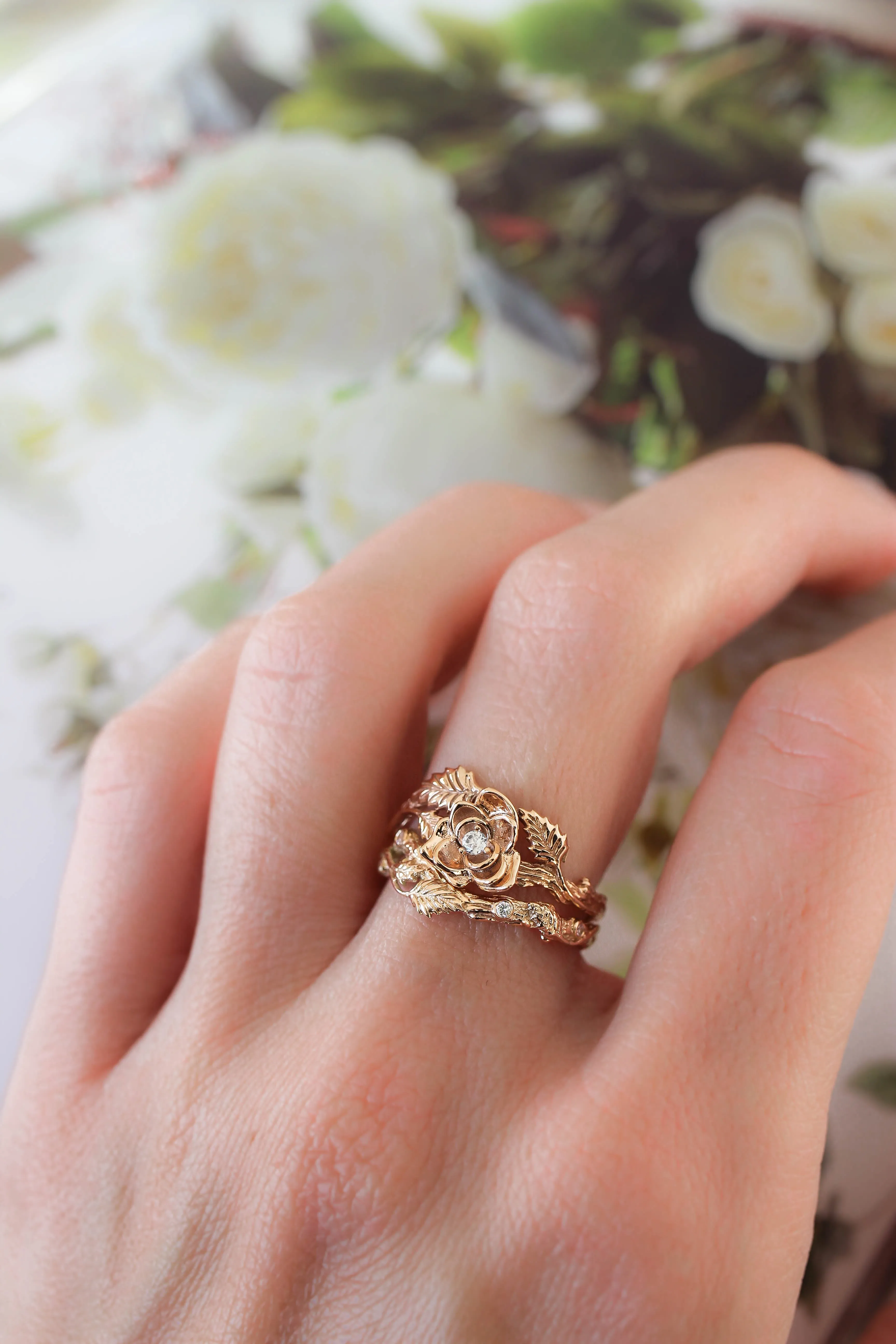 3 instalments payment plan: Bridal ring set with rose flower and diamonds / Blooming Rose