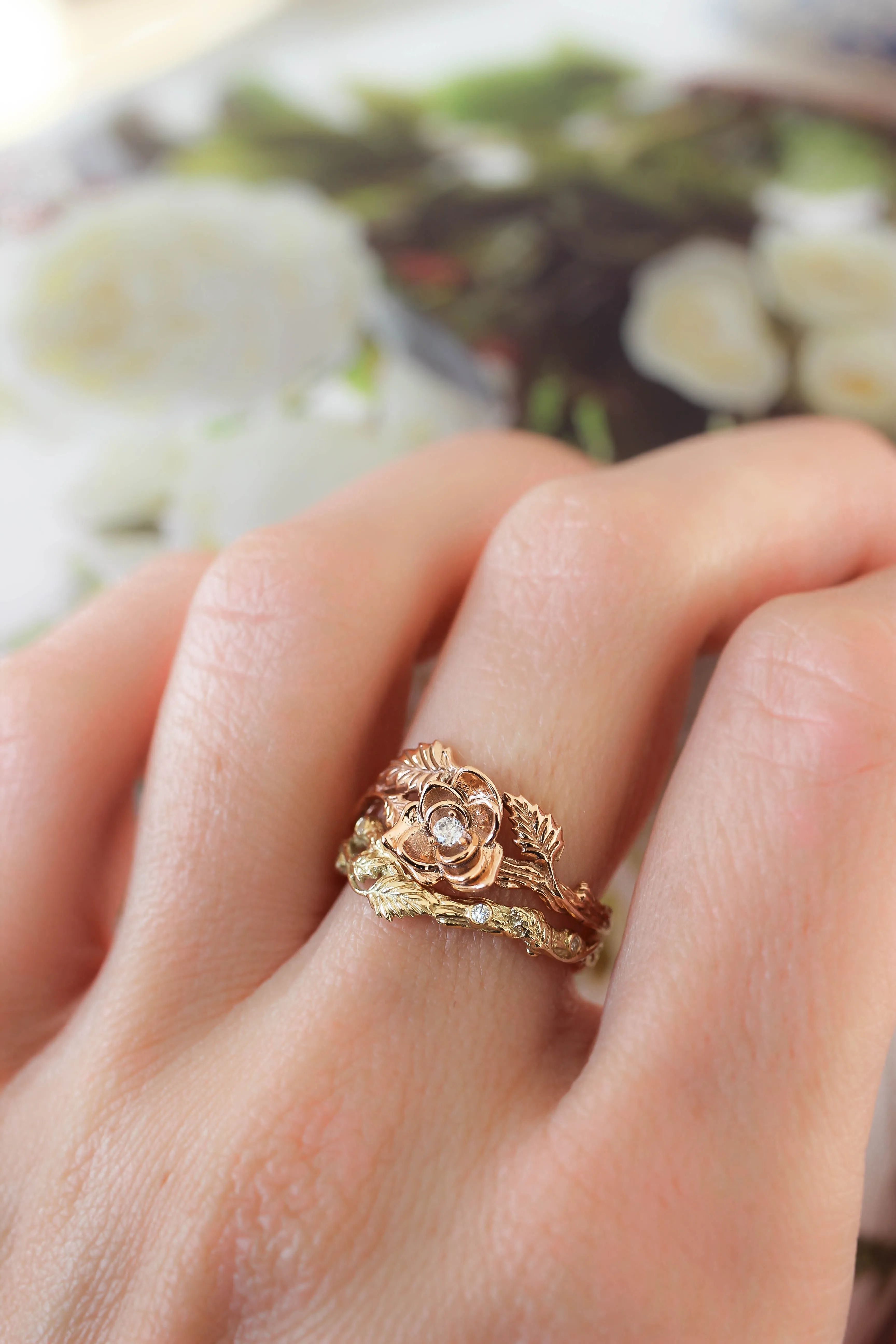 3 instalments payment plan: Bridal ring set with rose flower and diamonds / Blooming Rose