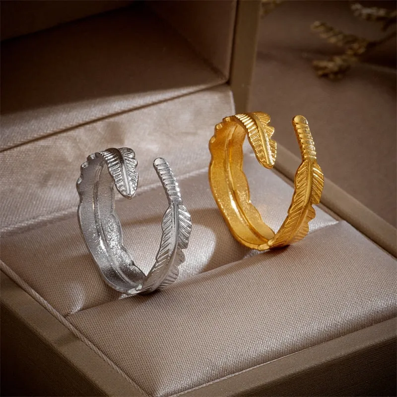 316L Stainless Steel Feather Leaf Opening Ring For Women