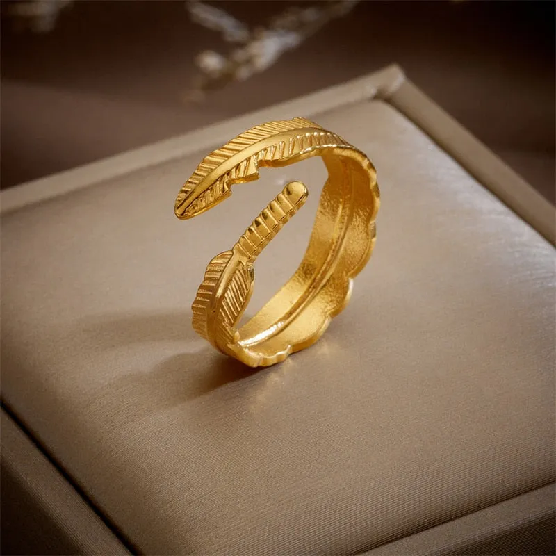 316L Stainless Steel Feather Leaf Opening Ring For Women