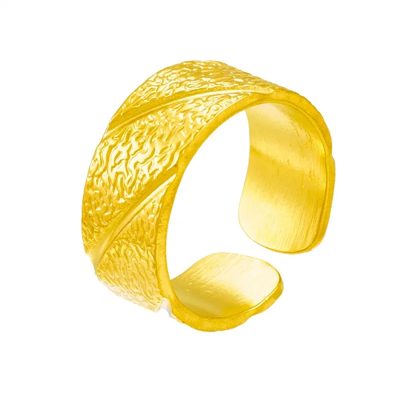 316L Stainless Steel Gold Color Irregular Relief Texture Open Ring For Women