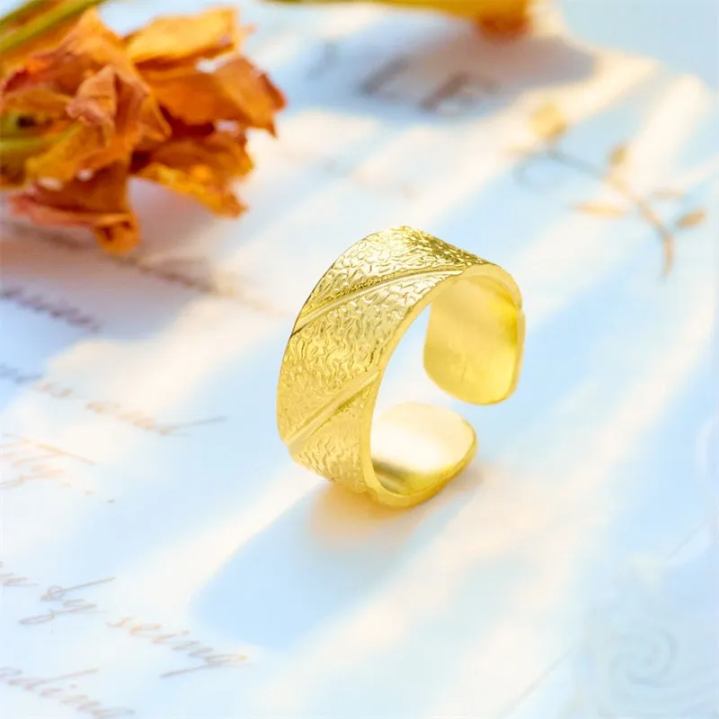 316L Stainless Steel Gold Color Irregular Relief Texture Open Ring For Women