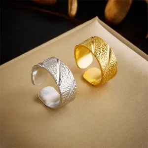 316L Stainless Steel Gold Color Irregular Relief Texture Open Ring For Women