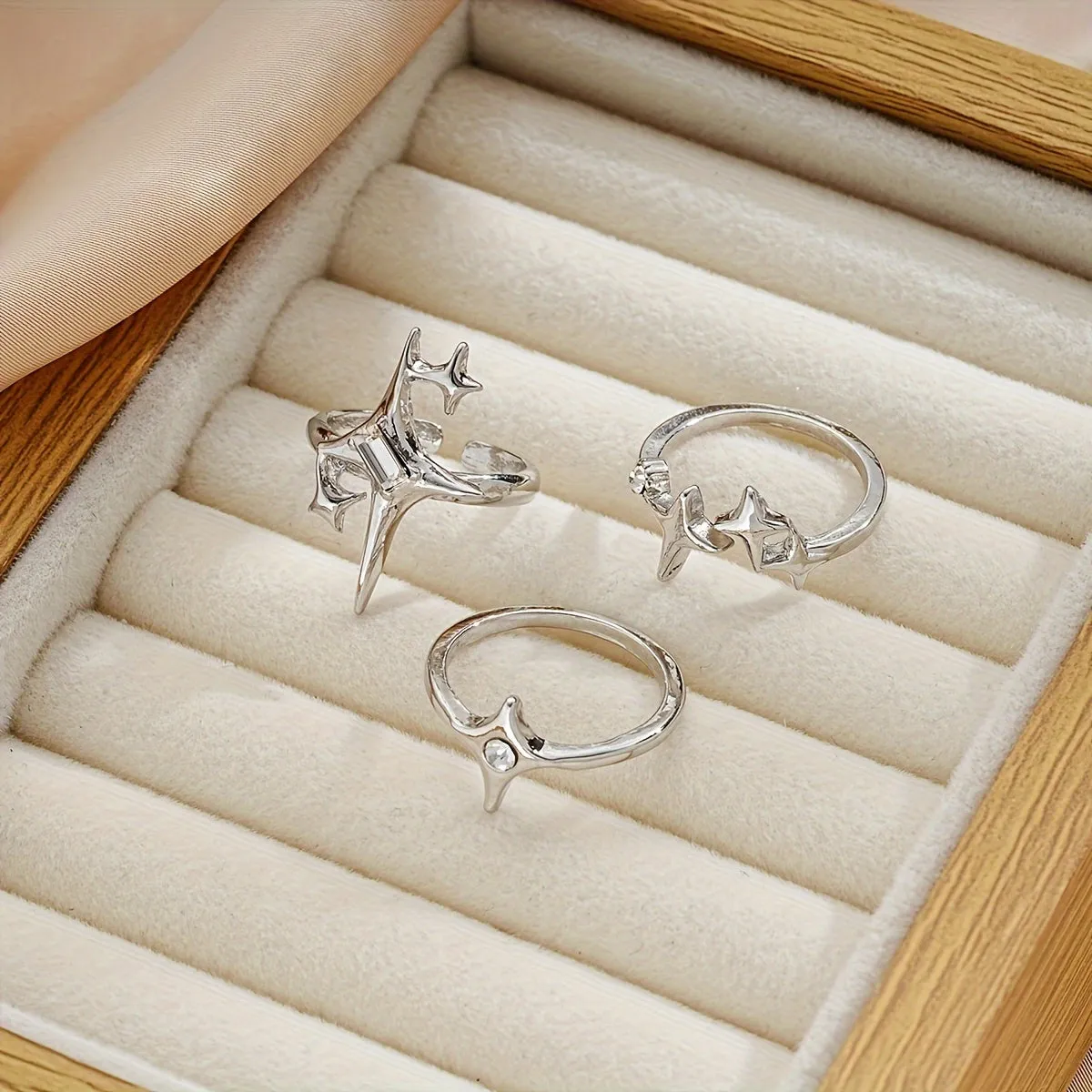 3pcs Y2K Starburst Open Ring Set