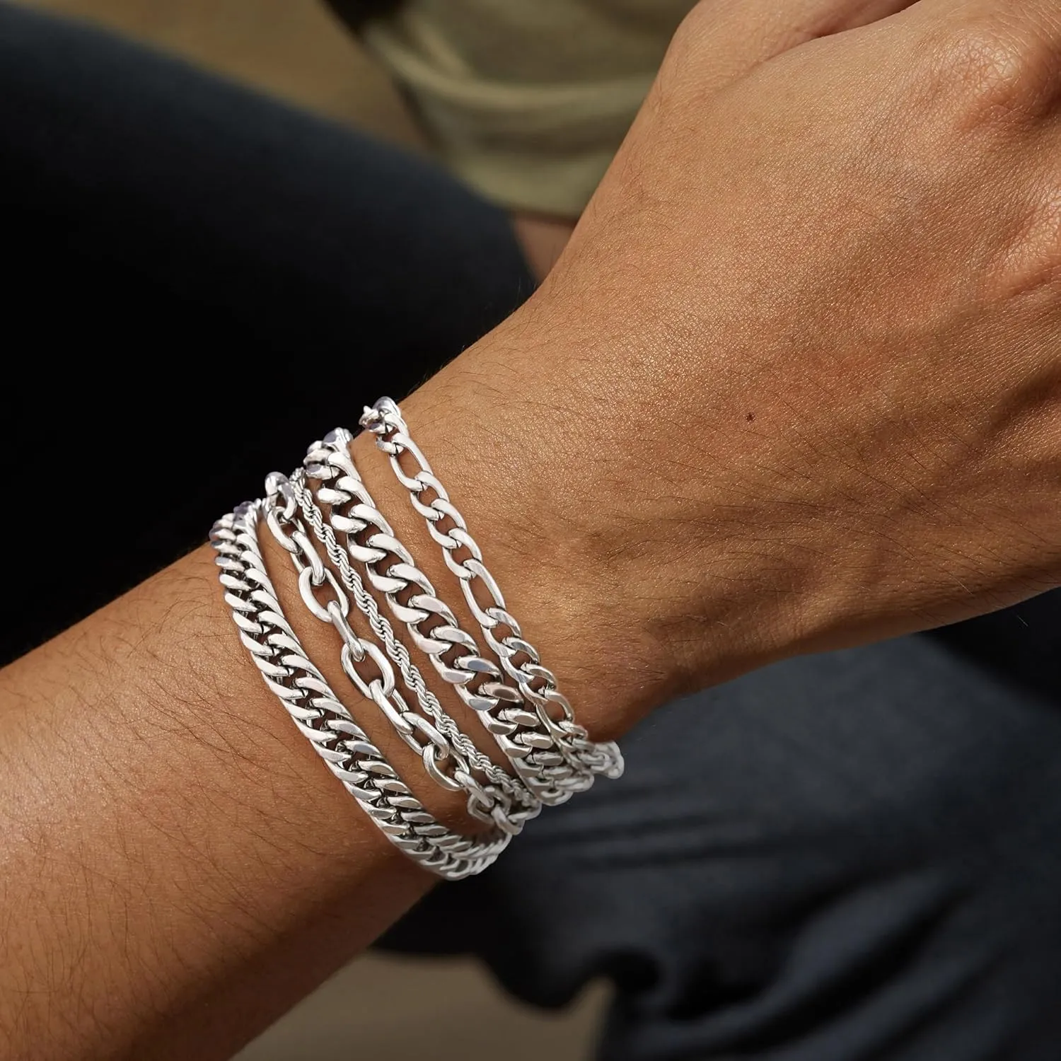 5pcs Chain Bracelets for Men Women - Stainless Steel Curb Width Rope Figaro Cuban Link Chain Bracelets Set Silver Bracelet for Men 7.5/8/8.3 Inches