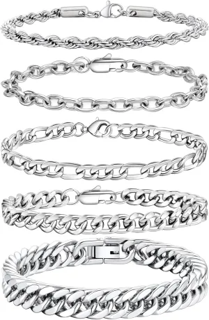 5pcs Chain Bracelets for Men Women - Stainless Steel Curb Width Rope Figaro Cuban Link Chain Bracelets Set Silver Bracelet for Men 7.5/8/8.3 Inches