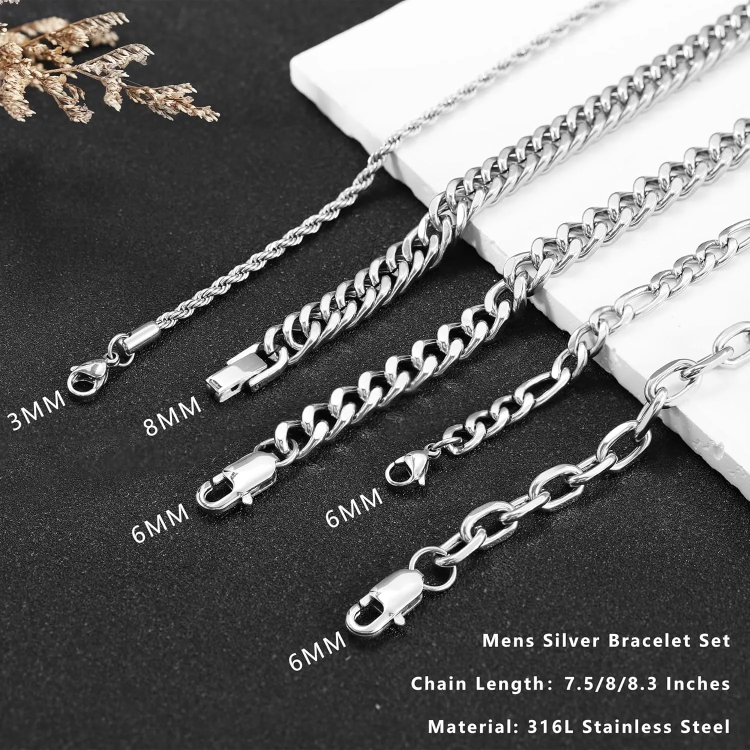 5pcs Chain Bracelets for Men Women - Stainless Steel Curb Width Rope Figaro Cuban Link Chain Bracelets Set Silver Bracelet for Men 7.5/8/8.3 Inches