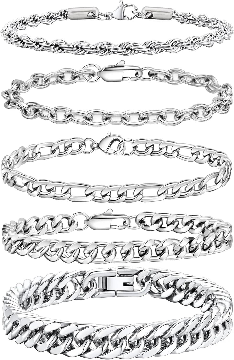 5pcs Chain Bracelets for Men Women - Stainless Steel Curb Width Rope Figaro Cuban Link Chain Bracelets Set Silver Bracelet for Men 7.5/8/8.3 Inches