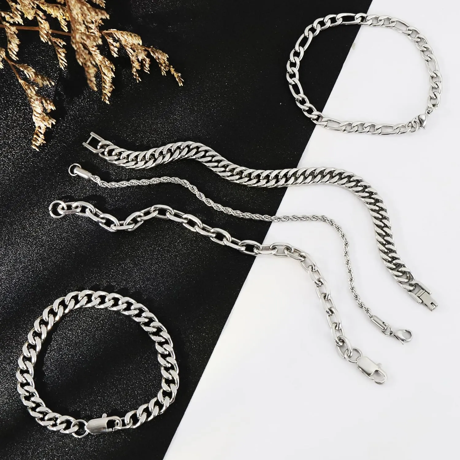 5pcs Chain Bracelets for Men Women - Stainless Steel Curb Width Rope Figaro Cuban Link Chain Bracelets Set Silver Bracelet for Men 7.5/8/8.3 Inches