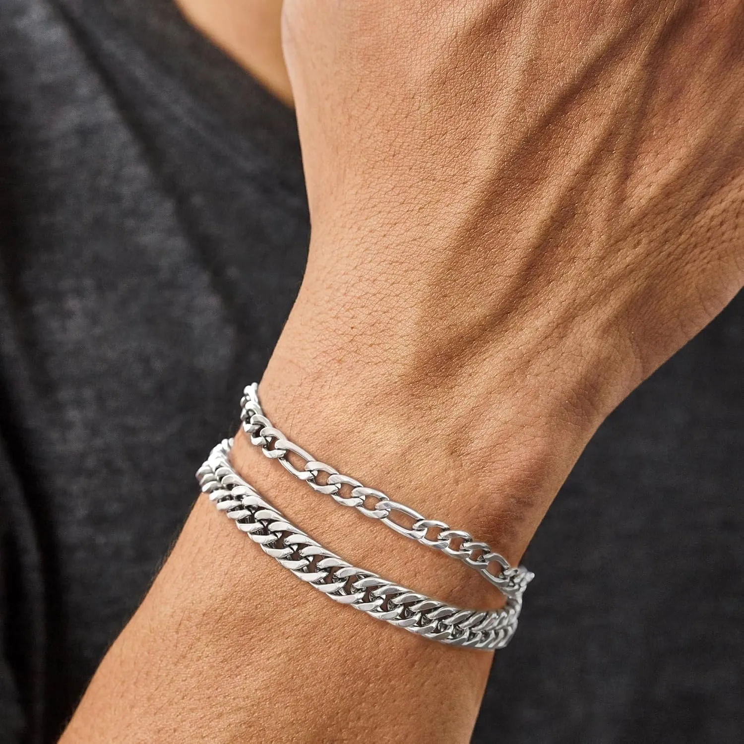 5pcs Chain Bracelets for Men Women - Stainless Steel Curb Width Rope Figaro Cuban Link Chain Bracelets Set Silver Bracelet for Men 7.5/8/8.3 Inches