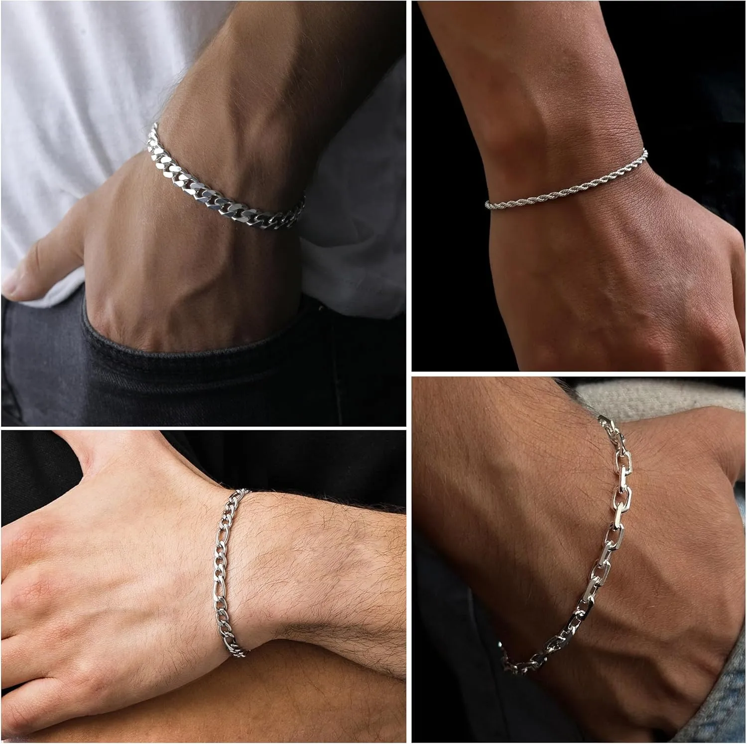 5pcs Chain Bracelets for Men Women - Stainless Steel Curb Width Rope Figaro Cuban Link Chain Bracelets Set Silver Bracelet for Men 7.5/8/8.3 Inches