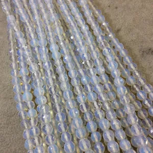 6mm Faceted Manmade Glass Milky White Opalite Round/Ball Shaped Beads with 1mm Holes - 14.25" Strand (Approx. 64 Beads) - Synthetic Gemstone