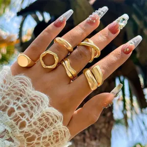 6Pcs Gold Color Smooth Geometric Open Ring Set