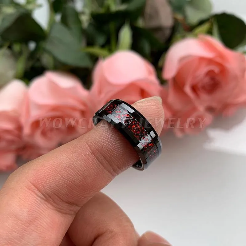 8mm Black Mens Tungsten Rings Red Carbon Fiber and Dragon inlay