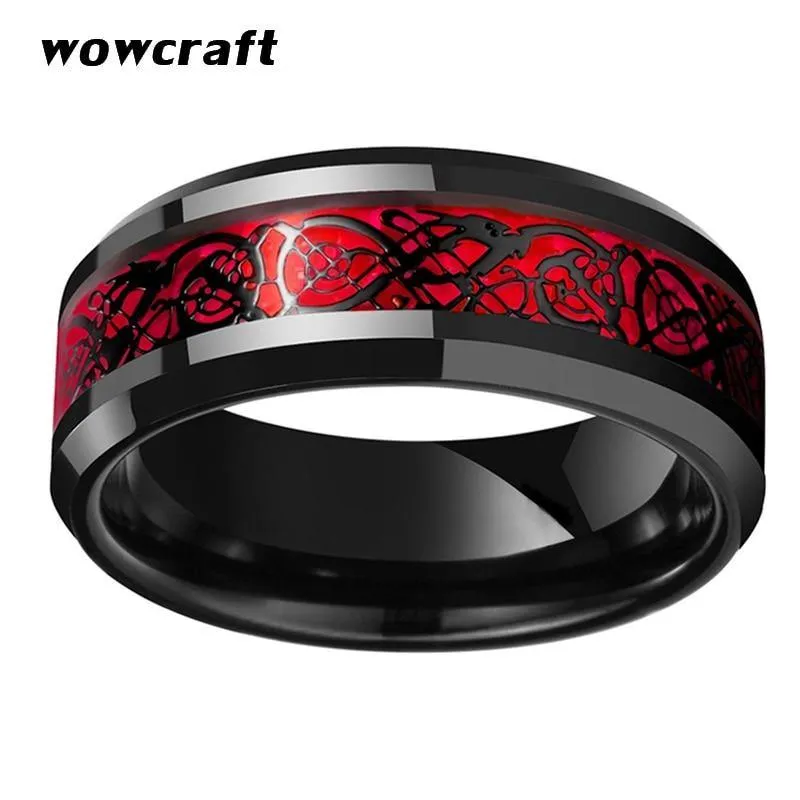 8mm Black Mens Tungsten Rings Red Carbon Fiber and Dragon inlay