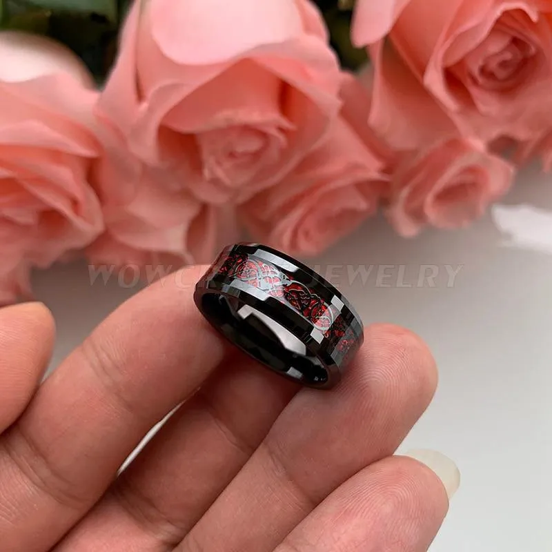 8mm Black Mens Tungsten Rings Red Carbon Fiber and Dragon inlay