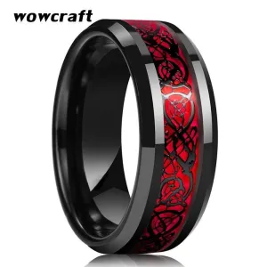 8mm Black Mens Tungsten Rings Red Carbon Fiber and Dragon inlay